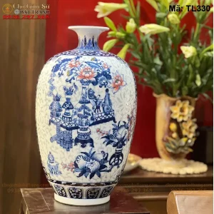 Bình Hút Lộc Cổ Đồ Men Lam Nền Gấm H50 - Mã TL330