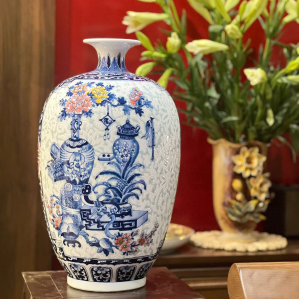 Bình Hút Lộc -Cổ Đồ Nền Gấm Men Lam H50