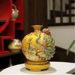 Bình Hút Lộc Công Danh Phú Quý Màu Vàng Đắp Nổi Vẽ Vàng