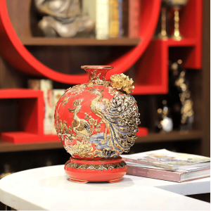Bình Hút Lộc Công Danh Phú Quý Màu Đỏ Đắp Nổi Vẽ Vàng