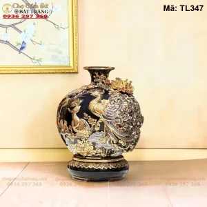 Bình Hút Lộc Công Danh Phú Quý Xanh Coban Đắp Nổi Vẽ Vàng - Mã TL347