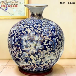 Bình Hút Lộc Hoa Dây Men Lam Vẽ Vàng H30 - Mã TL453