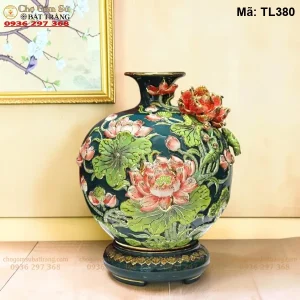 Bình Hút Lộc Hoa Sen Đắp Nổi Vẽ Vàng H30 - Mã TL380