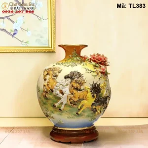 Bình Hút Lộc Mã Đáo Thành Công Men Lam Vẽ Vàng H30 - Mã TL383