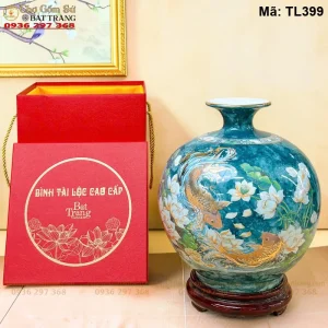 Bình Hút Lộc Nhị Cảnh Công Danh Phú Quý – Thuận Buồm Men Lam Vẽ Vàng - Mã TL399