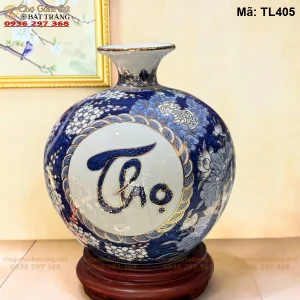 Bình Hút Lộc Phúc Lộc Thọ Men Lam Vẽ Vàng H30 - Mã TL405