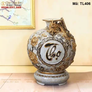 Bình Hút Lộc Phúc Lộc Thọ Rồng Men Rạn Đắp Nổi Vẽ Vàng - Mã TL406