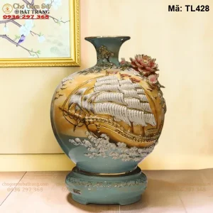 Bình Hút Lộc Thuận Buồm Xuôi Gió Men Loang Đắp Nổi Vẽ Vàng - Mã TL428