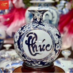 Bình Hút Lộc Phúc Lộc Men Lam Vẽ Vàng H26