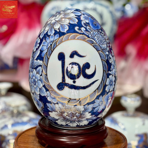 Trứng Tài Lộc Phúc Lộc Tài- Men Lam Vẽ Vàng H28