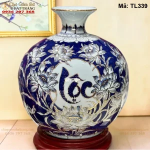 Bình Hút Tài Lộc Chữ Lộc Men Lam Vẽ Vàng H30 - Mã TL339