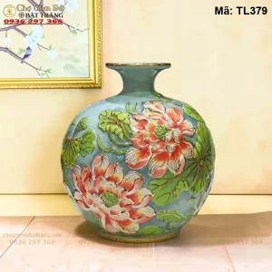 Bình Hút Tài Lộc Hoa Sen Đắp Nổi Vẽ Vàng H30 - Mã TL379