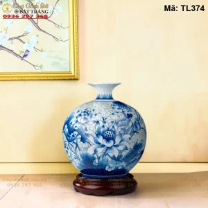 Bình Hút Tài Lộc Liên Ngư Tụ Bảo Nền Gấm Men Lam - Mã TL374