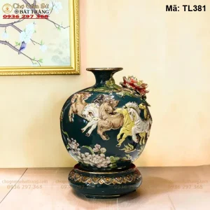 Bình Hút Tài Lộc Mã Đáo Thành Công Xanh Lục Bảo Đắp Nổi Vẽ Vàng - Mã TL381