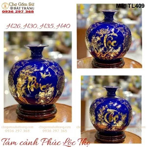 Bình Hút Tài Lộc Phúc Lộc Thọ Vẽ Vàng Màu Xanh Coban - Mã TL409