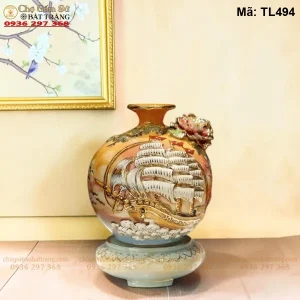 Bình Hút Tài Lộc Thuận Buồm Xuôi Gió Men Loang Đắp Nổi Vẽ Vàng - Mã TL494