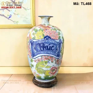 Bình Tích Lộc Ngũ Ngư Chúc Phúc H50 Nền Gấm Ngọc - Mã TL468