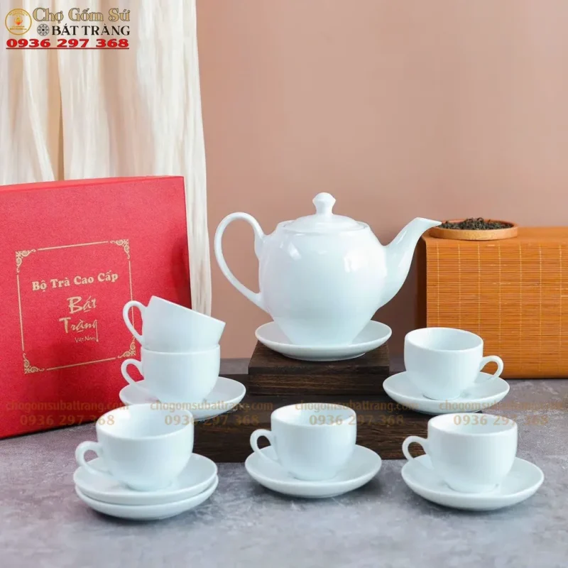 Bộ ấm chén giá rẻ sứ trắng Bát Tràng