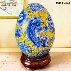 Trứng Tài Lộc Phúc Niên Niên Hữu Dư Men Lam Vẽ Vàng H28 - Mã TL483